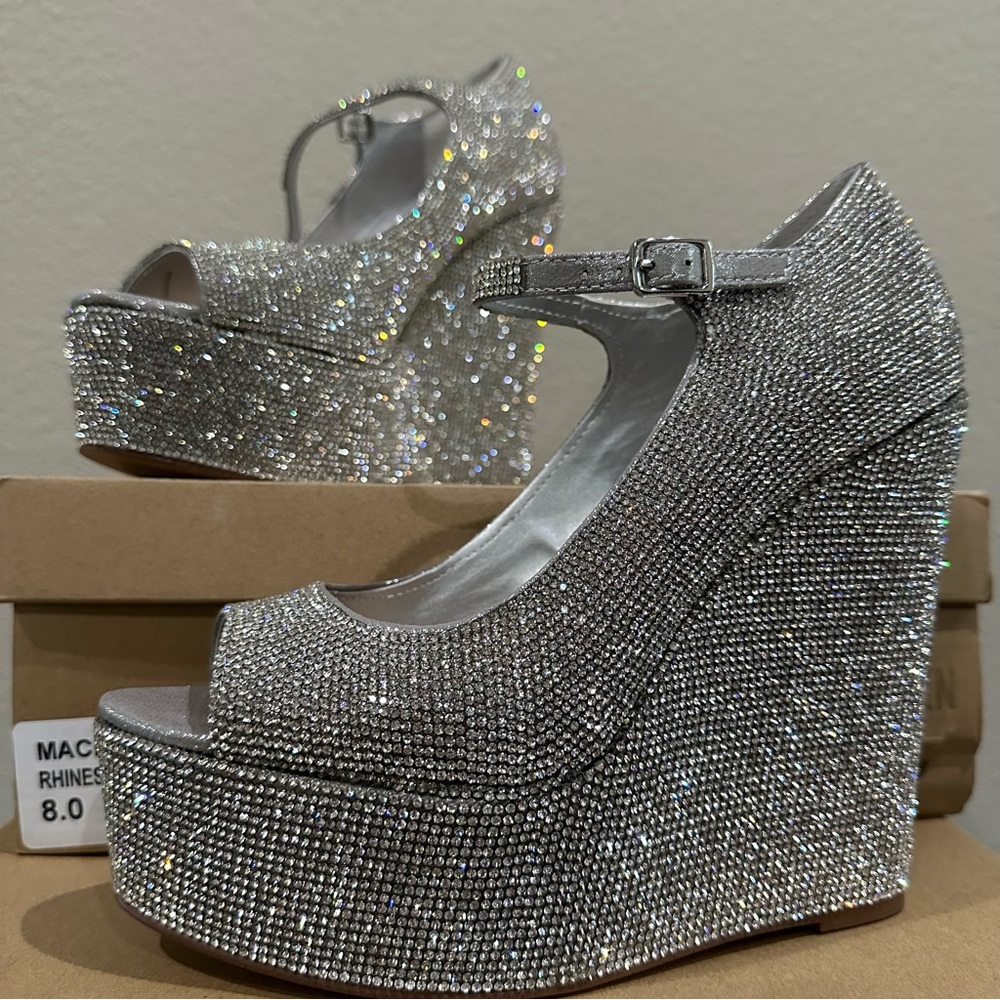 Silver Rhinestone Platform Wedge Heels